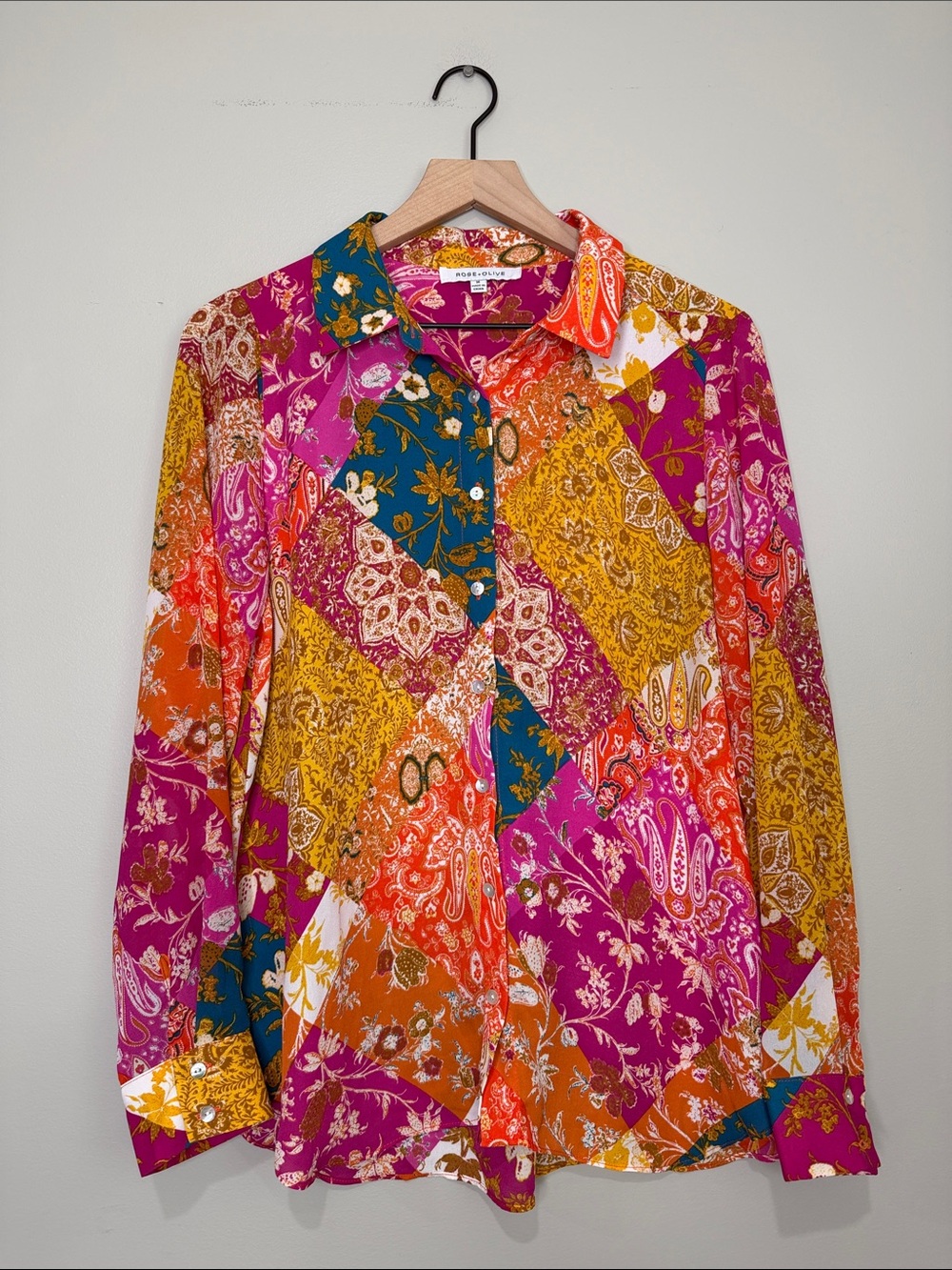 Rose + Olive Vibrant Patchwork Paisley Button-Up Blouse Medium